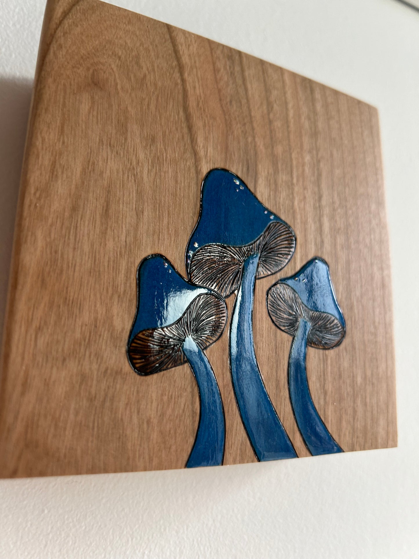 Bold Blue Mushrooms (Large) | Pyrography mixed media on cherry wood