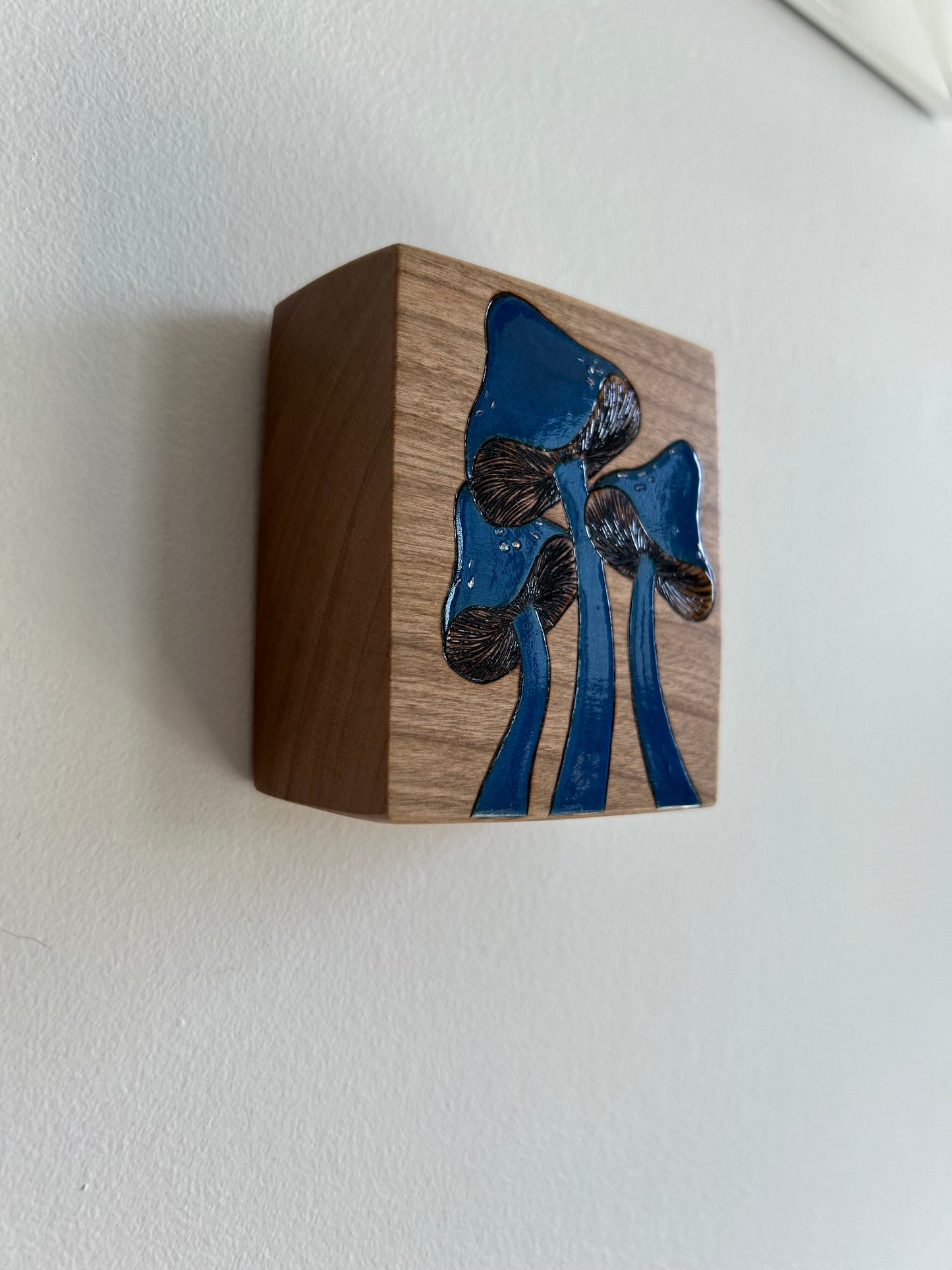 Bold Blue Mushrooms | Pyrography mixed media on cherry wood