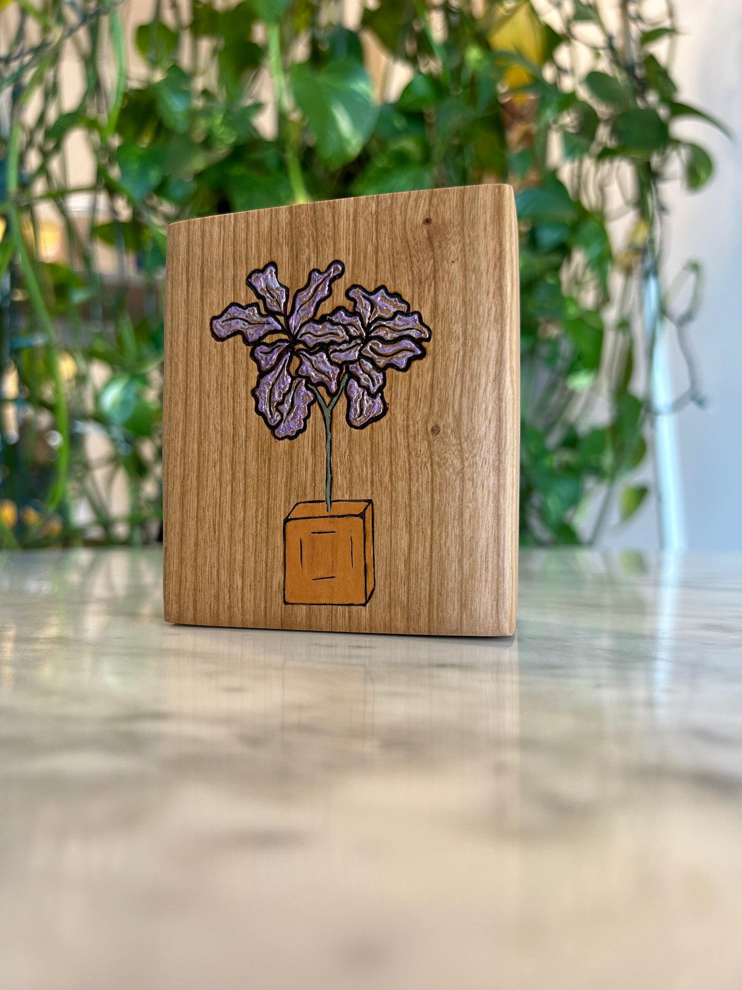 Fiddle Leaf Fig | Pyrography mixed media on cherry wood