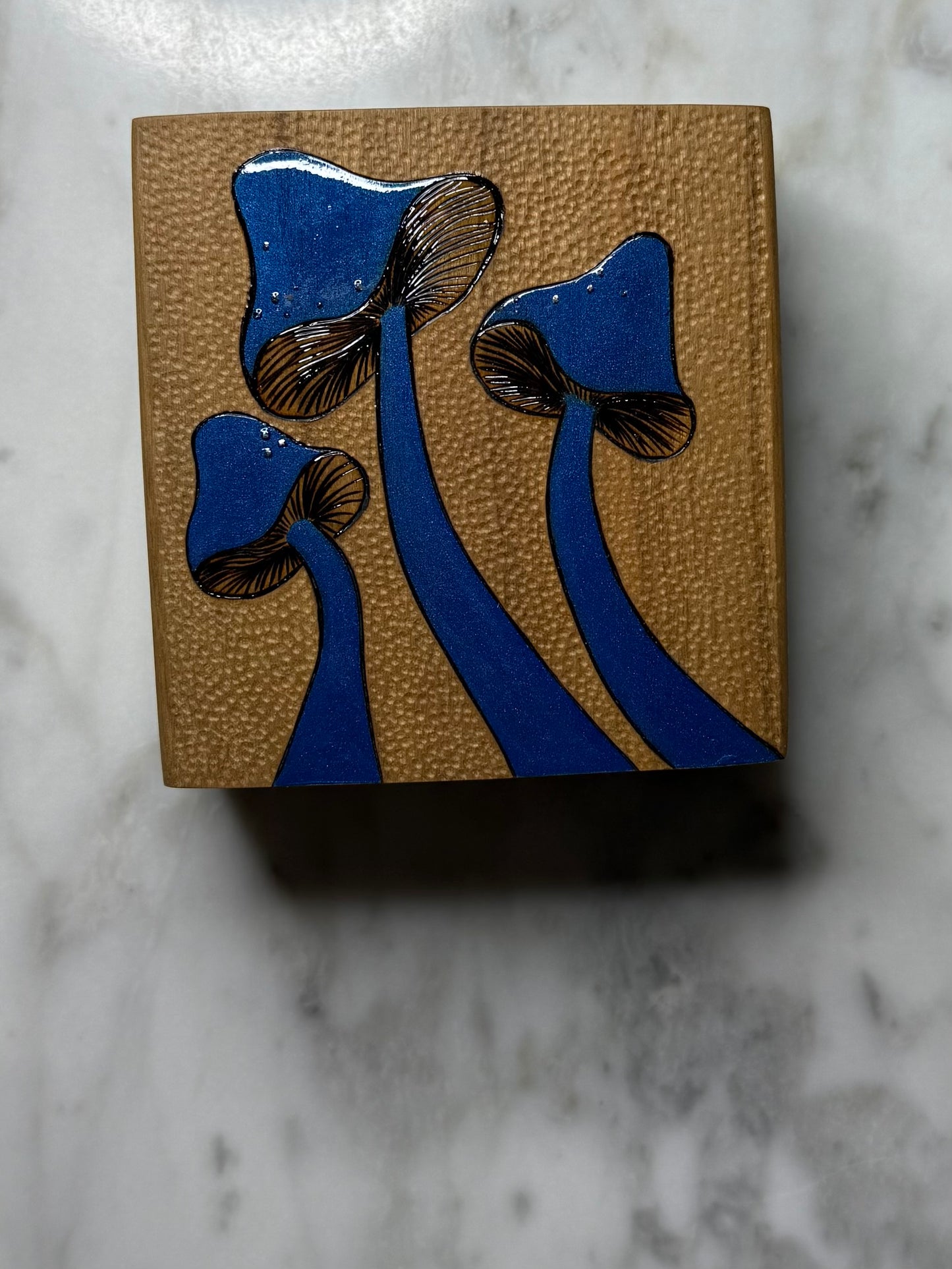 Dotted Carved Bold Blue Mushrooms | Pyrography mixed media on cherry wood