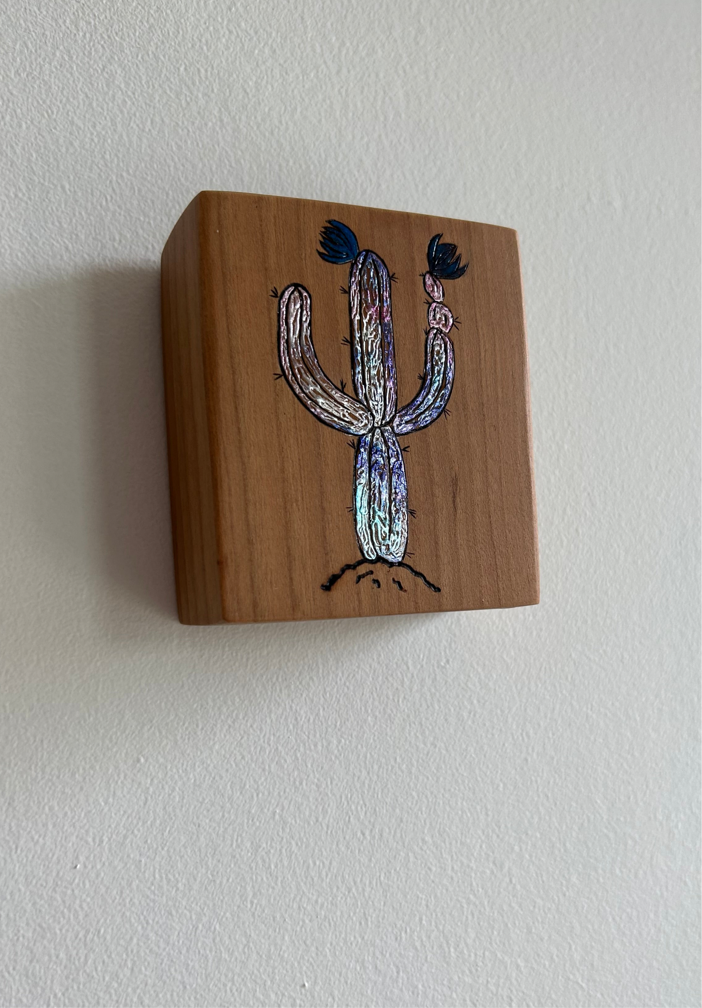 Cactus | Pyrography mixed media on cherry wood