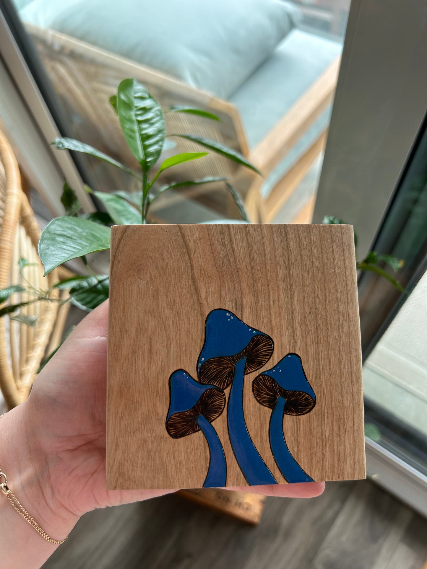 Bold Blue Mushrooms (Large) | Pyrography mixed media on cherry wood