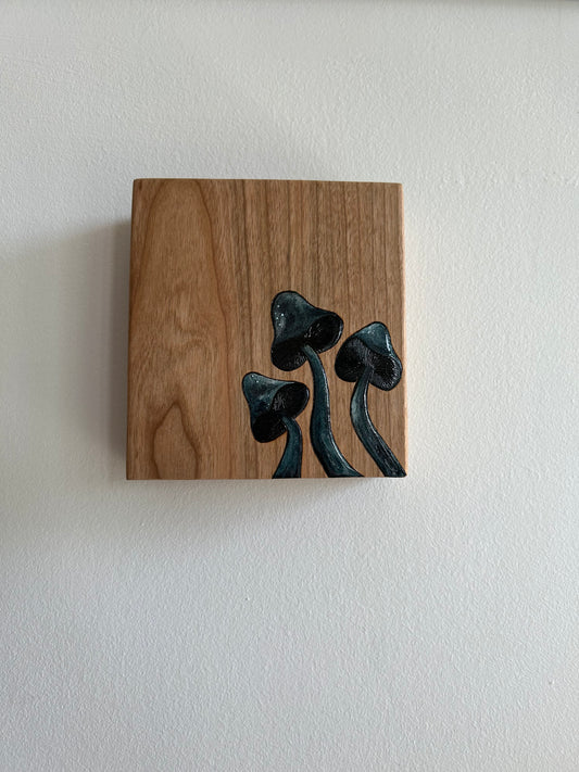 Midnight Mushrooms (Large) | Pyrography mixed media on cherry wood