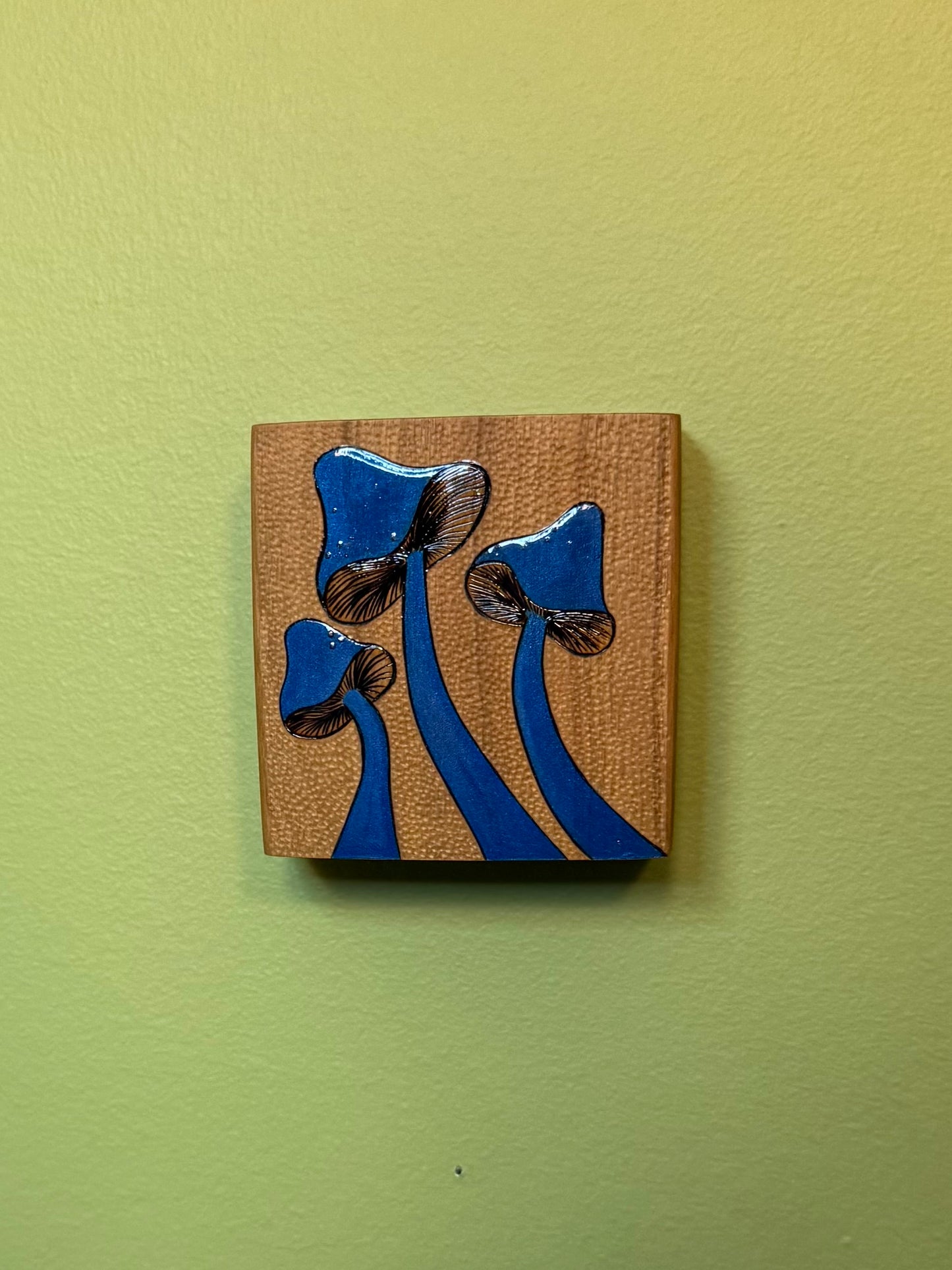 Dotted Carved Bold Blue Mushrooms | Pyrography mixed media on cherry wood