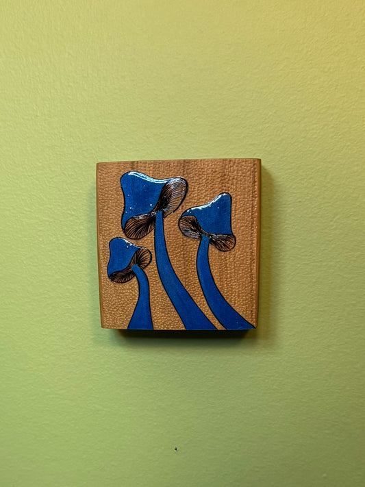 Dotted Carved Bold Blue Mushrooms | Pyrography mixed media on cherry wood