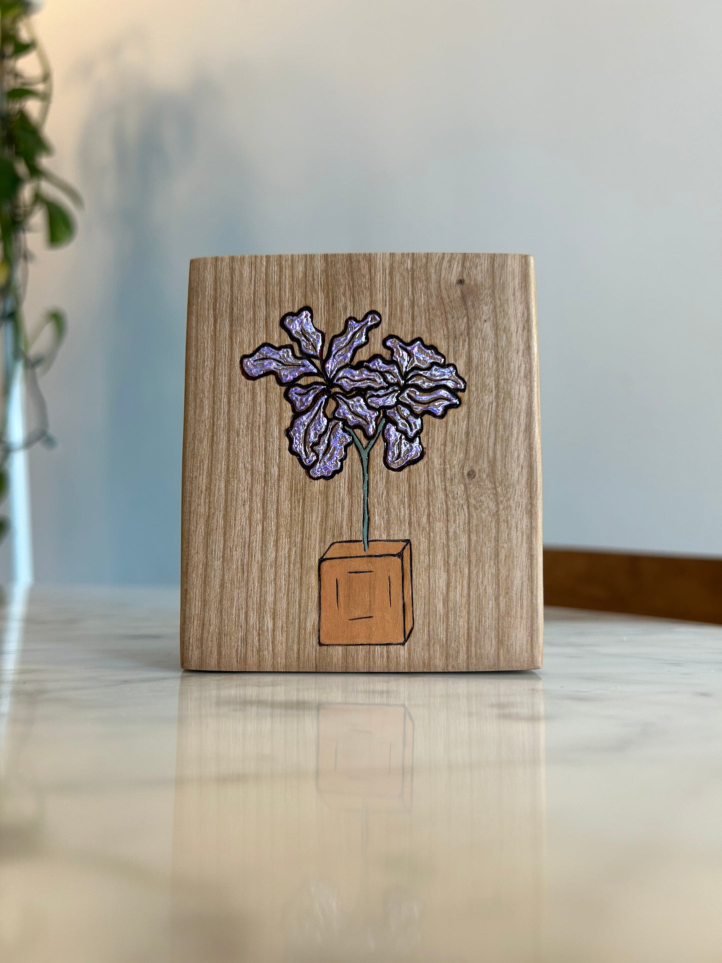 Fiddle Leaf Fig | Pyrography mixed media on cherry wood