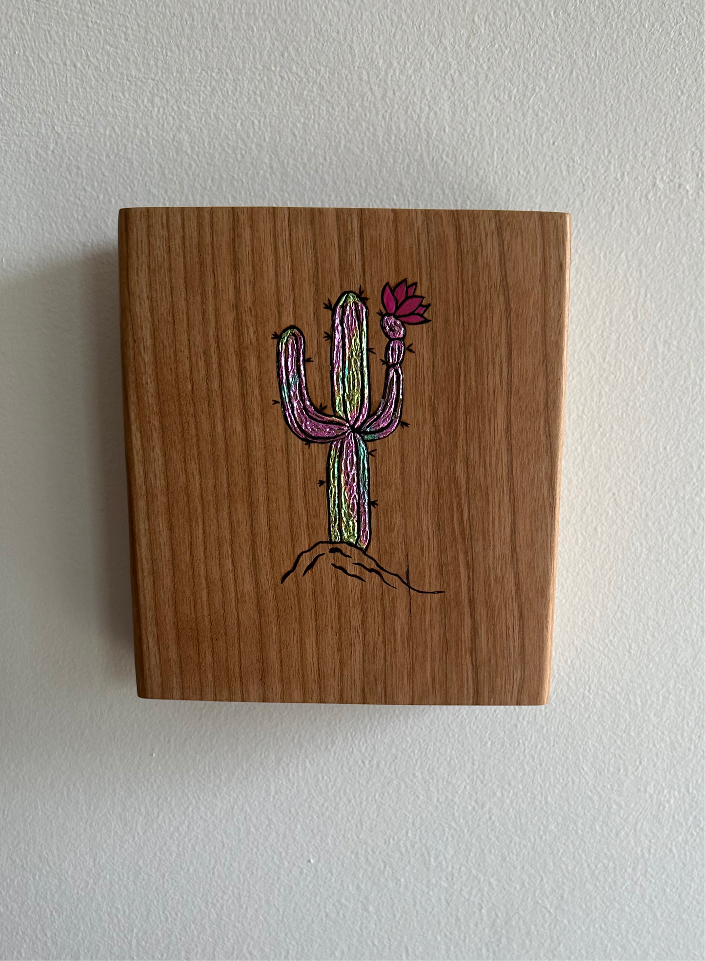 Cactus (Large)| Pyrography mixed media on cherry wood