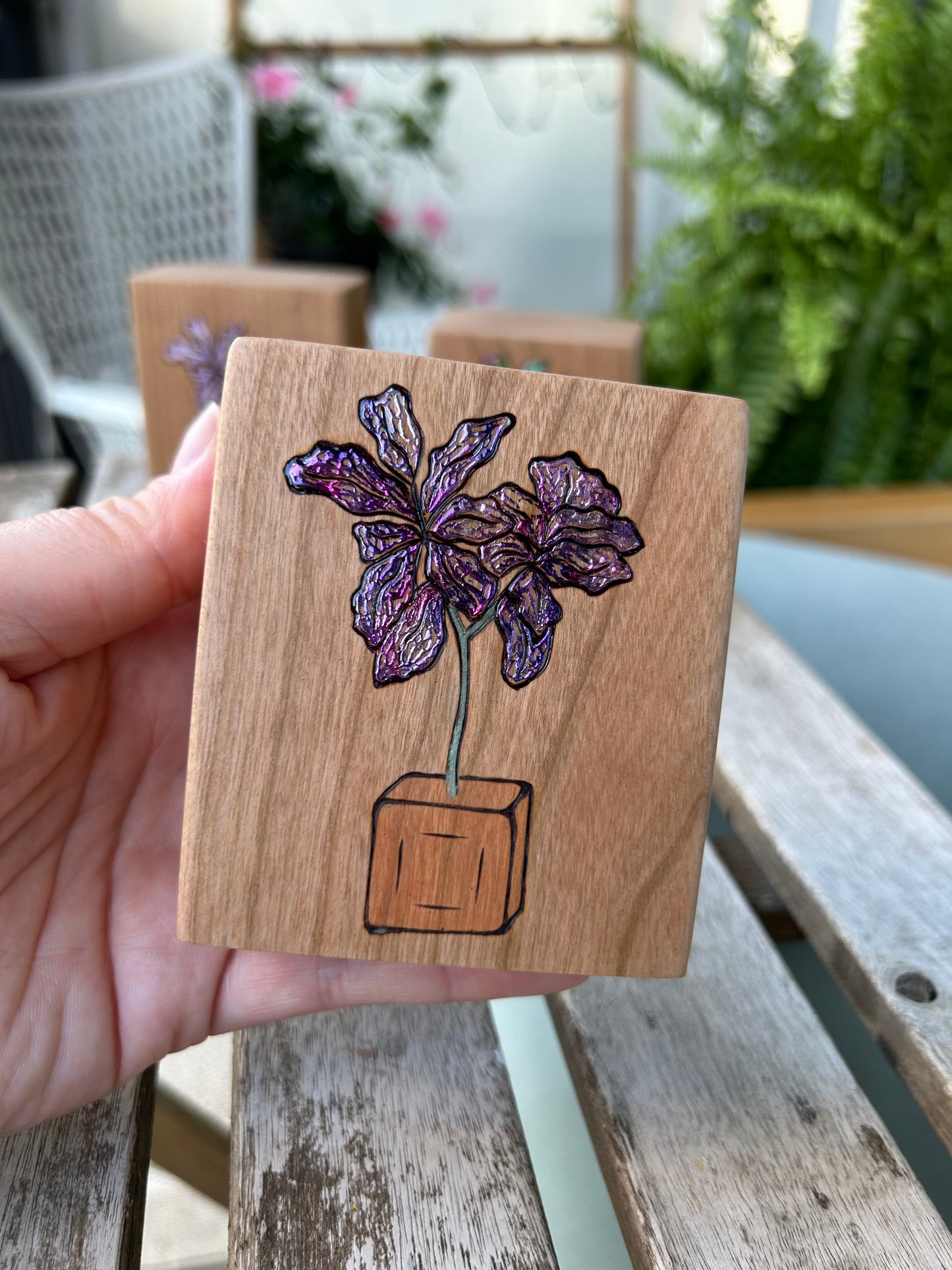 Fiddle Leaf Fig | Pyrography mixed media on cherry wood