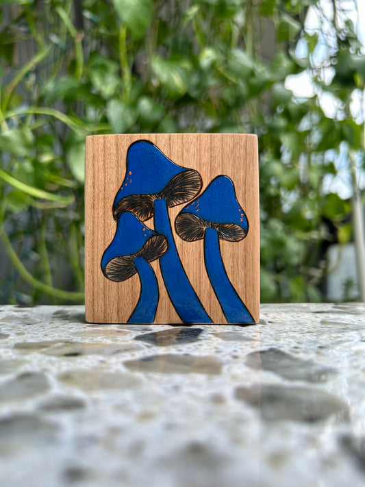 Bold Blue Mushrooms | Pyrography mixed media on cherry wood
