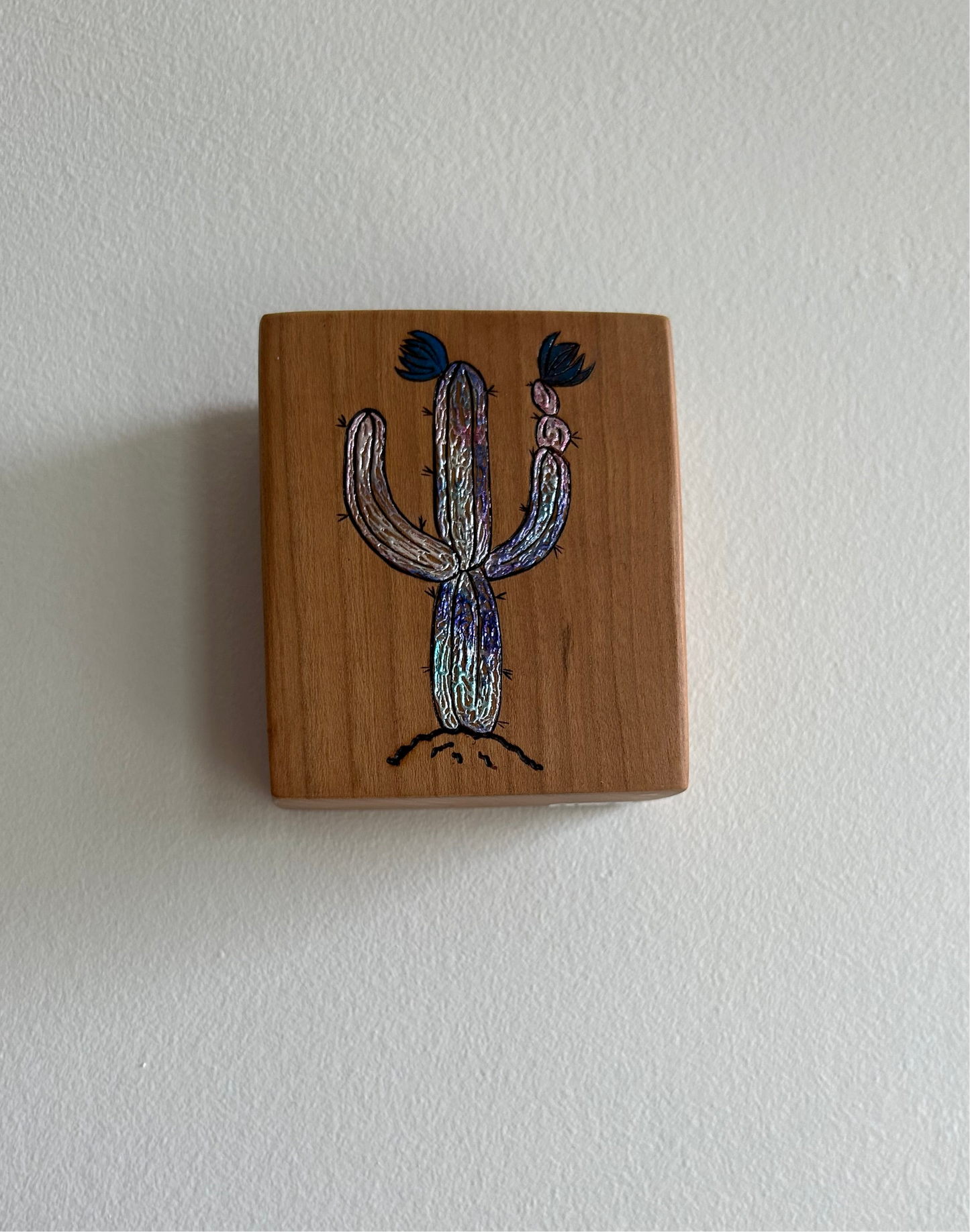 Cactus | Pyrography mixed media on cherry wood
