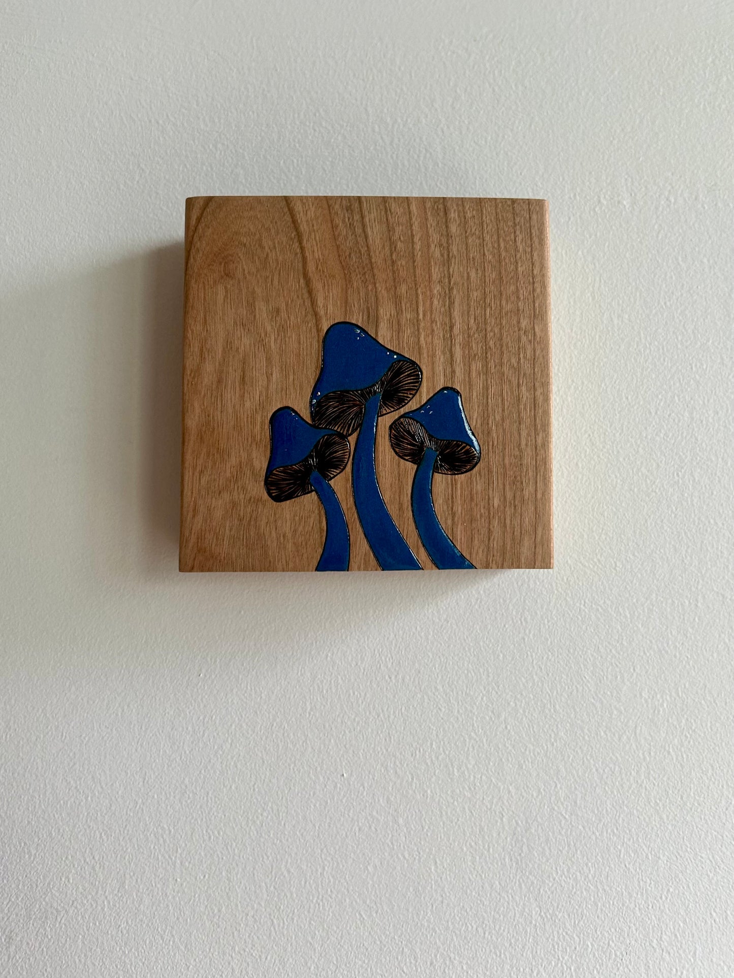 Bold Blue Mushrooms (Large) | Pyrography mixed media on cherry wood