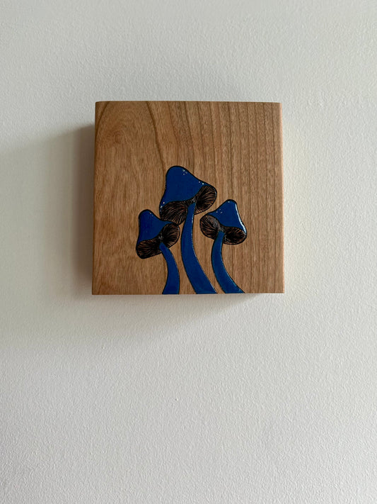 Bold Blue Mushrooms (Large) | Pyrography mixed media on cherry wood