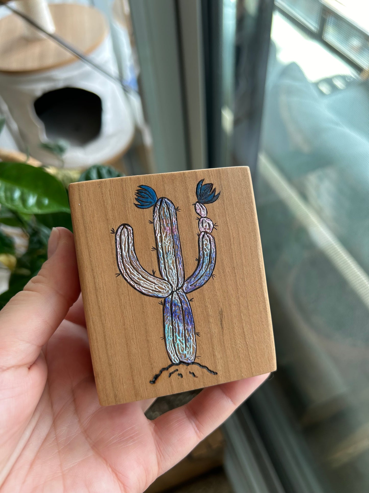 Cactus | Pyrography mixed media on cherry wood