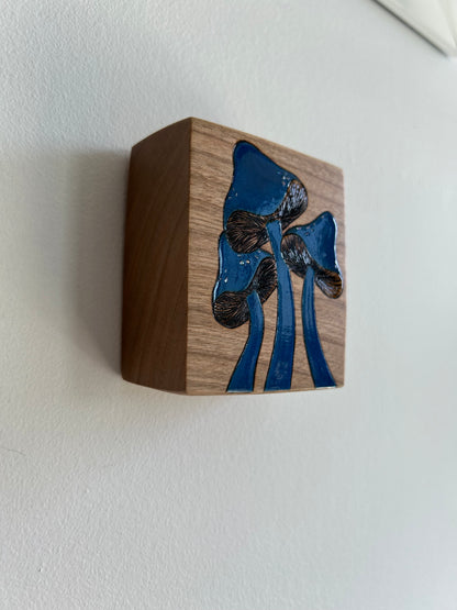 Bold Blue Mushrooms | Pyrography mixed media on cherry wood