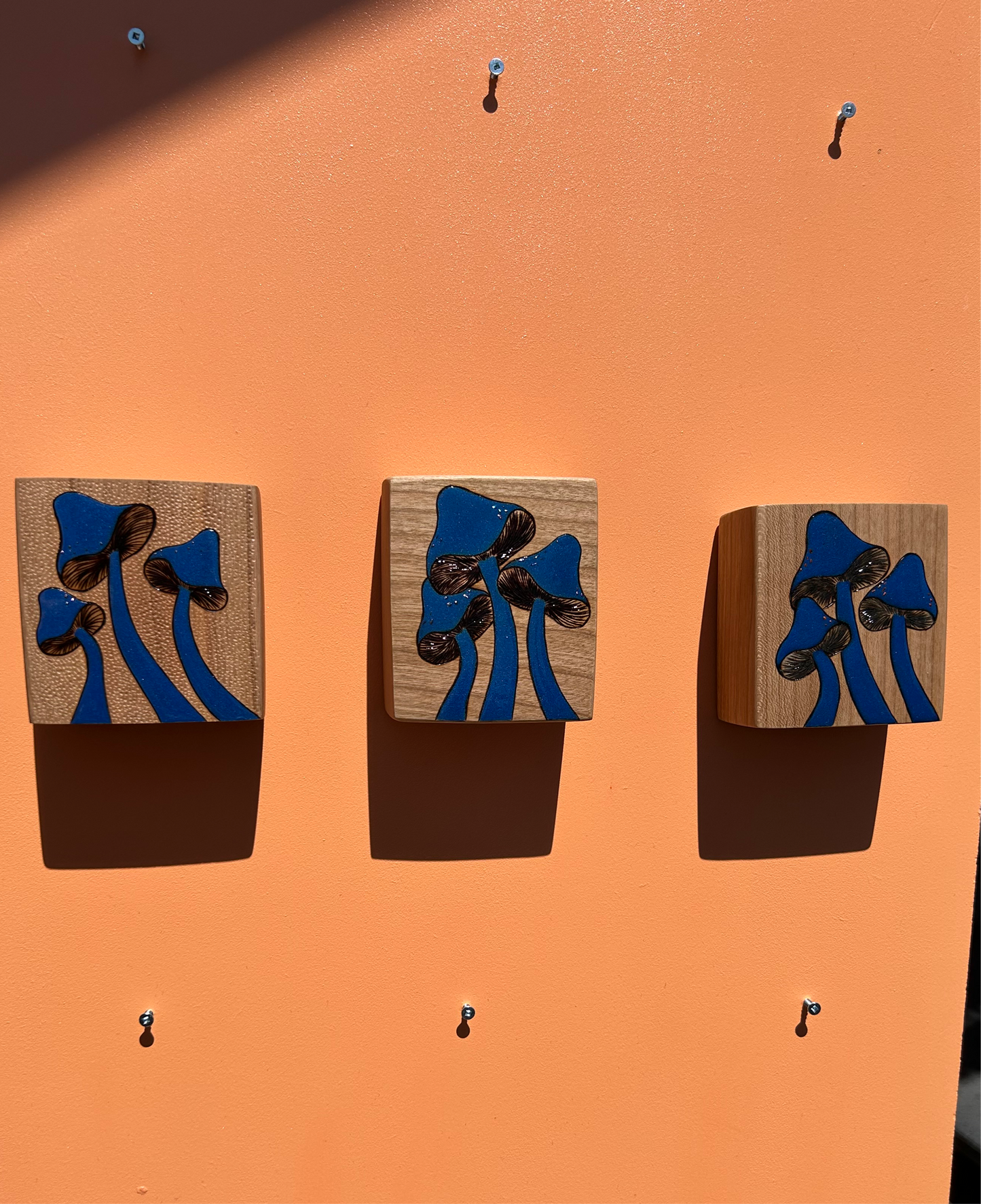 Bold Blue Mushrooms | Pyrography mixed media on cherry wood