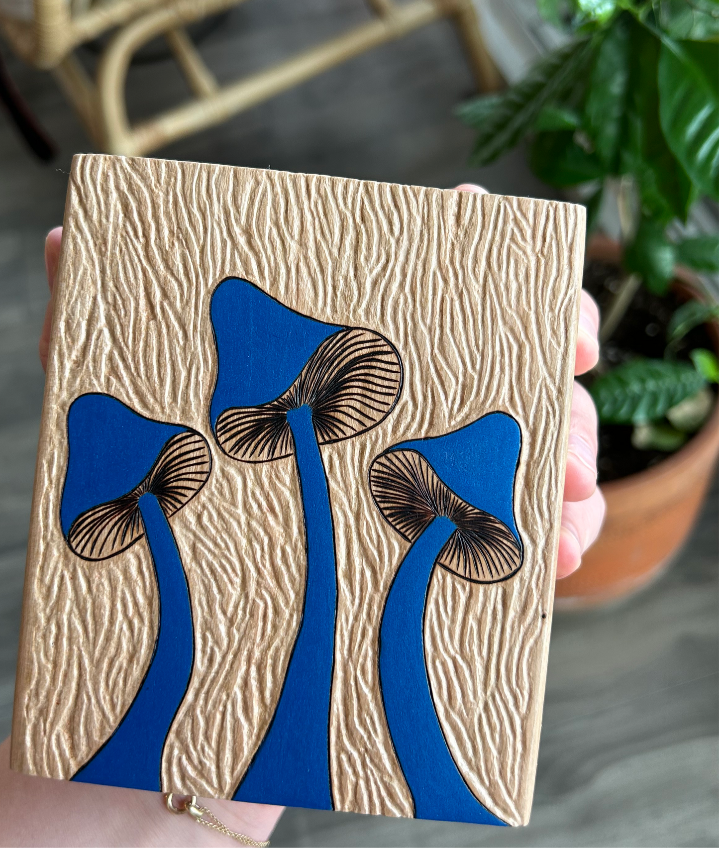 Wavy Blues | Carving and pyrography mixed media on cherry wood