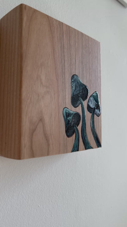 Midnight Mushrooms (Large) | Pyrography mixed media on cherry wood