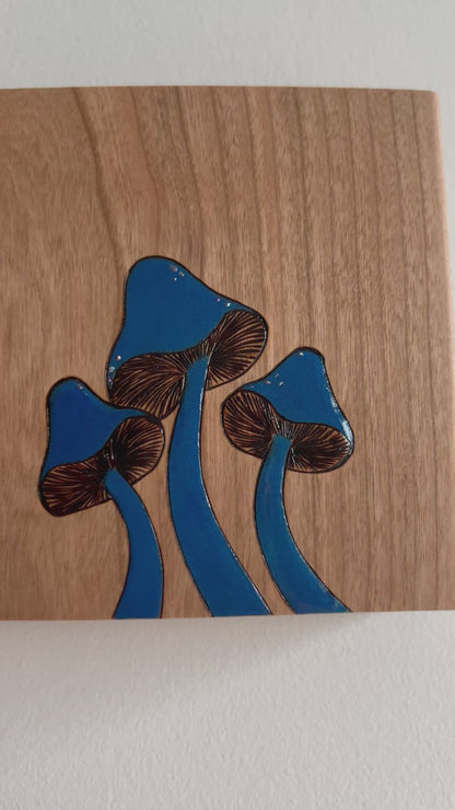 Bold Blue Mushrooms (Large) | Pyrography mixed media on cherry wood